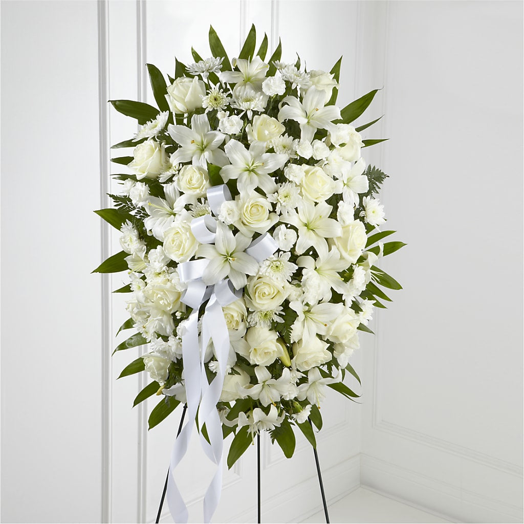 Exquisite Tribute Standing Spray-White Ribbon – The Rose Boutique, San Antonio TX